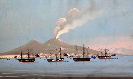 Neapolitan School c.1860 English warships in the bay of Naples with Vesuvius beyond 16 x 24in.